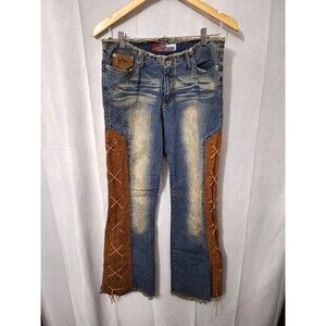 RARE Y2K Lazer Jeans Sz 7 Low Rise Denim Flare Jeans Lace Up Velvet Vintage Boho